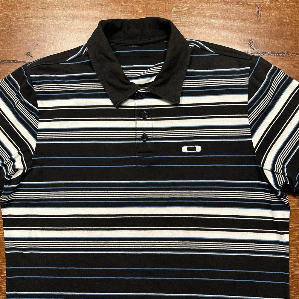 Vintage Oakley Polo Shirt Mens M Black Stripe Short Sleeve Retro Preppy Dad VTG - Picture 3 of 13